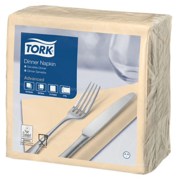 Serwetki TORK Advanced Celuloza obiadowe, składane w 1/4 piaskowe 2w 150o [Karton: 12 opak.]