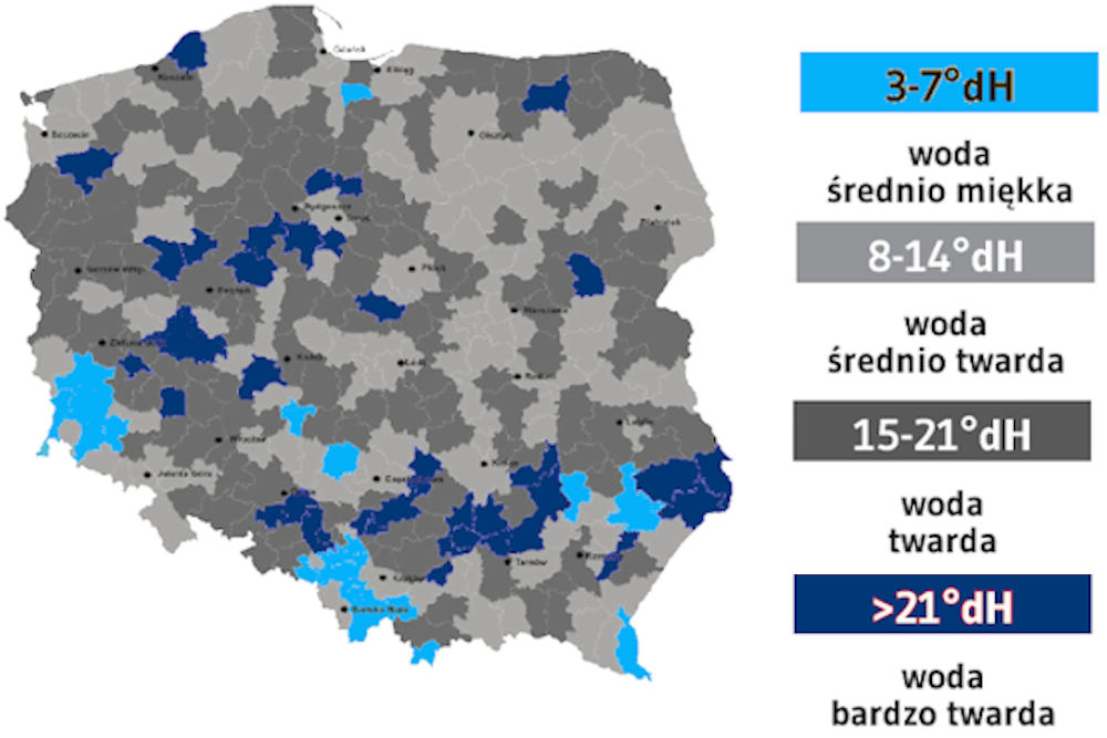 Mapa przedstawiająca stopnie twardości wody